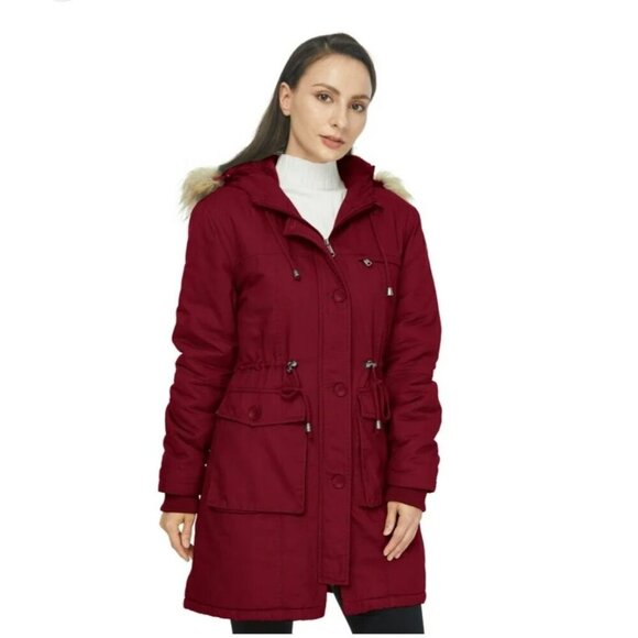 WenVen Jacket Womens Sherpa Lined Hooded Chore Coat Removable Fur Red Size M New - Picture 2 of 16